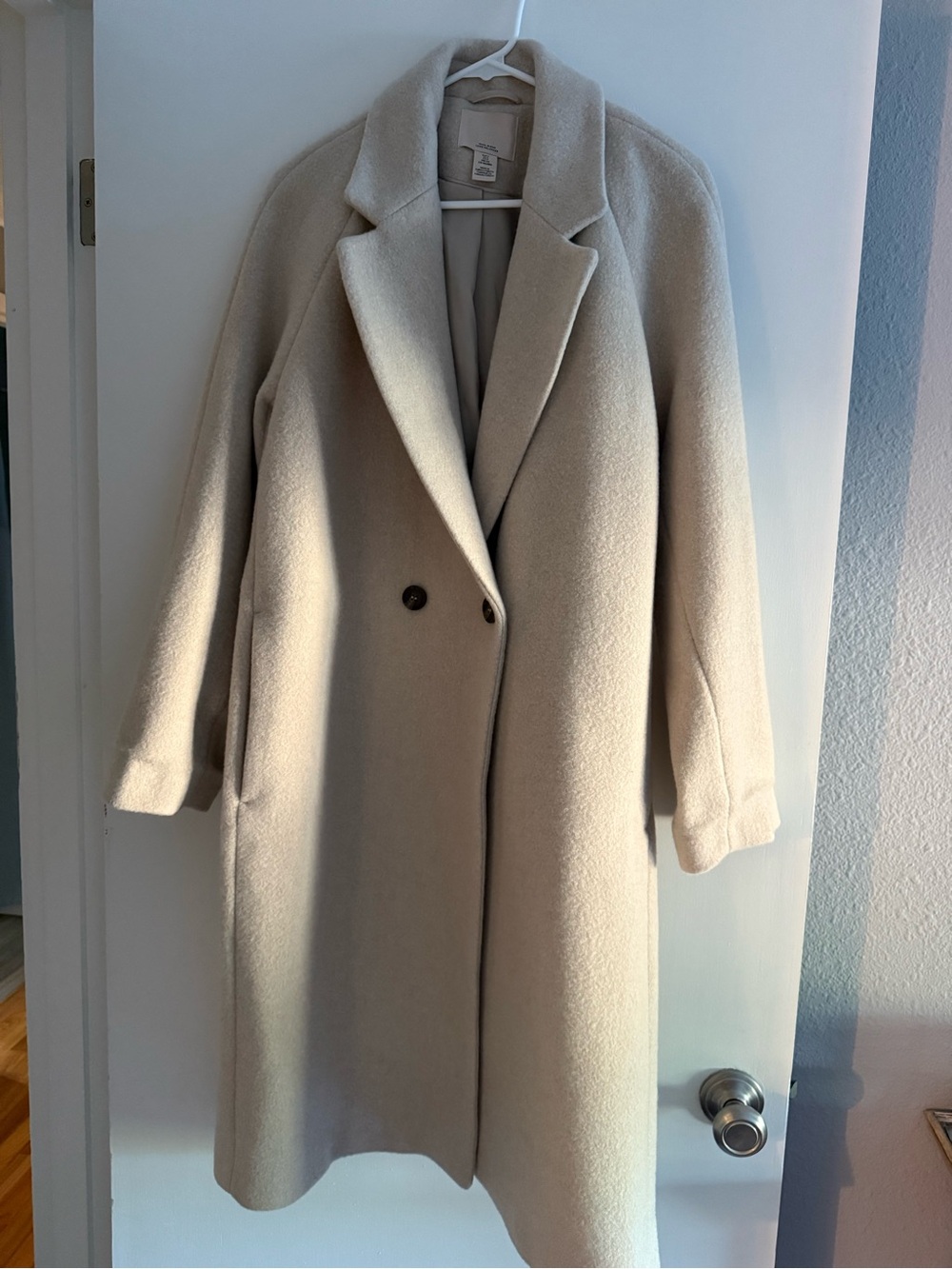 H&M Wool Blend Double Breasted Long Coat in Light Beige/cream Size S